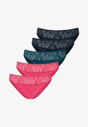 Set di cinque mutandine con pizzo, nei colori: rosa, verde scuro, blu navy e verde acqua. Tessuto liscio con dettagli in pizzo floreale.