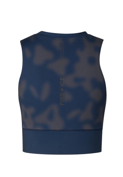 Marineblå ærmeløs crop top med subtilt camouflage-mønster og lodret "FIRE + ICE" tekst på midten af ryggen.