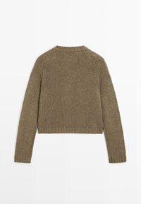 Khaki gebreide trui met lange mouwen, een ronde hals en geribbelde manchetten. Het cropped ontwerp heeft een gestructureerde, geweven afwerking.