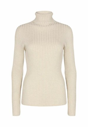 Beige ribbade polotröja gjord av mjukt material, med lång ärm och en figurnära design utan utsmyckningar.