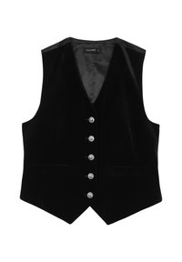 Gilet di velluto nero con scollatura a V profonda, sei bottoni argentati sul davanti e due tasche laterali. Texture liscia e silhouette aderente.