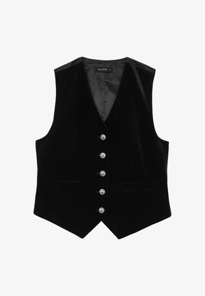 Schwarze Samtwest mit tiefem V-Ausschnitt, sechs silbernen Knöpfen auf der Vorderseite und zwei Seitentaschen. Glatte Textur und figurbetonter Schnitt.