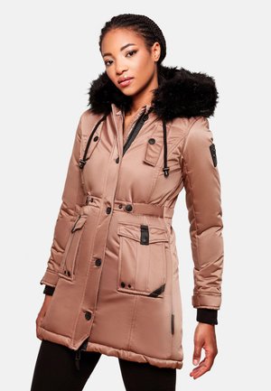 Light brown padded jacket with a faux fur hood, drawstrings, multiple pockets, and black accents. Smooth texture, mid-length design.