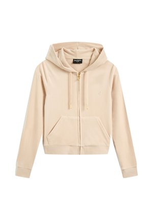 Lichtbeige zip-up hoodie van zachte stof, met een capuchon, voorzakken en een goudkleurige rits met subtiele logo-borduring op de borst.