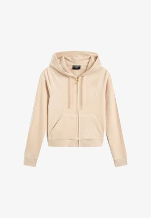 Light beige zip-up hoodie made of soft fabric, featuring a hood, front pockets, and gold-colored zipper with subtle logo embroidery on chest.