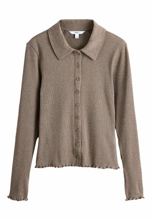 Cardigan marron côtelé à manches longues avec col, fermeture boutonnée devant, bords froncés aux poignets et à l'ourlet.