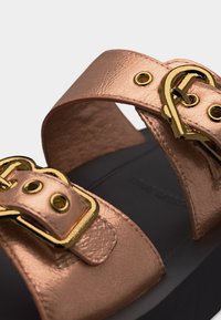 Λουράκια σανδαλιών από μεταλλικό ροζ χρυσό με χρυσά αγκράφες, προσαρτημένα σε μαύρη υφασμάτινη σόλα, που δείχνουν κοντινές λεπτομέρειες του μηχανισμού στερέωσης.