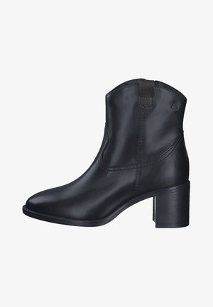 Schwarze Leder-Stiefelette mit Blockabsatz, mit einer runden Zehenpartie und einem dezenten Stichdetail an den Seiten. Das Obermaterial hat eine strukturierte Akzentuierung.