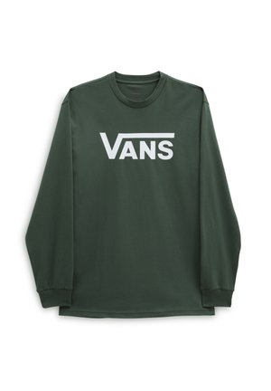 Pitkähihainen tummanvihreä puuvillainen t-paita, jossa suuri valkoinen "VANS"-logo rinnassa; pyöreä pääntie ja resorit hihansuissa.