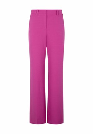 Hochtaillierte, weit geschnittene Hose in leuchtendem Magenta mit Gürtelschlaufen und vorderlichem Reißverschluss, vor weißem Hintergrund präsentiert.