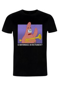 Black t-shirt featuring a cartoon character with a pink body, large eyes, holding a trumpet, and the text: "IS MAYONNAISE AN INSTRUMENT?"
