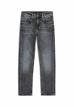 Proste ciemnoszare jeansy z denimu z przednimi kieszeniami i szlufkami na pasek, wyłożone na płasko na białym tle.