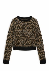 Leopardikuvioinen, lyhyt villapaita pehmeässä, karvaisessa tekstuurissa. Varustettu pitkillä hihoilla sekä mustalla ribbikauluksella ja helmalla.