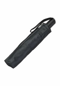 Parapluie noir compact avec une couverture en tissu texturé, doté d'une fermeture éclair dissimulée et d'un manche noir. Comprend une sangle pour le poignet.