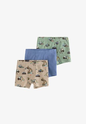 Tre par børneboxershorts i beige og grøn med byggekøretøjtryk og et ensfarvet blåt par.