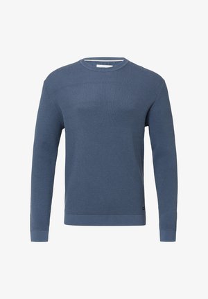 Blauwe ronde hals trui met een textured breipatroon, lange mouwen en ribgebreide manchetten en onderkant.
