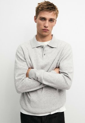 Jeune homme aux cheveux châtain clair porte un pull polo gris clair à manches longues avec col, debout les bras croisés devant un fond blanc uni.