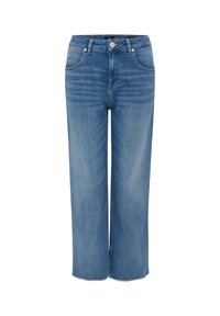 Jean bleu à taille haute, coupe droite, avec boutons à l'avant, cinq poches et légers effets délavés sur les cuisses