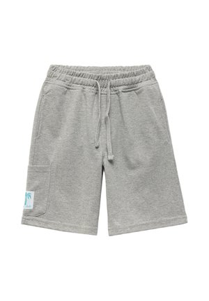 Grå bomulds shorts med elastisk talje, snørrebånd, sidelommer og et palmetræ-logo detalje på den venstre forkant lomme.