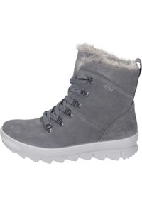 Botín de ante gris hasta el tobillo con puño de piel sintética, cordones frontales y cordones grises. Suela de goma blanca con agarre texturizado. Forro impermeable Gore-Tex.