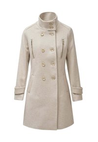 Abrigo de lana beige de doble botonadura con cuello alto, bolsillos en el pecho con botón y cremallera, mangas largas con puños de tiras, hasta la rodilla.