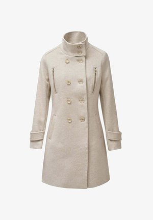Abrigo de lana beige de doble botonadura con cuello alto, bolsillos en el pecho con botón y cremallera, mangas largas con puños de tiras, hasta la rodilla.