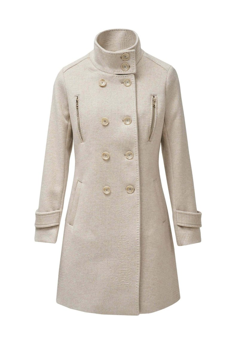 Abrigo de lana beige de doble botonadura con cuello alto, bolsillos en el pecho con botón y cremallera, mangas largas con puños de tiras, hasta la rodilla.