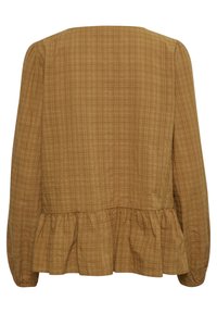 Blusa marrone a maniche lunghe con peplo, con motivo a quadretti e trama testurizzata. Presenta maniche arricciate e orlo arruffato in vita.