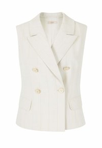 Blazer senza maniche crema con motivo a righe, chiusura doppiopetto, rever appuntiti, due tasche frontali e bottoni tondeggianti di colore chiaro.