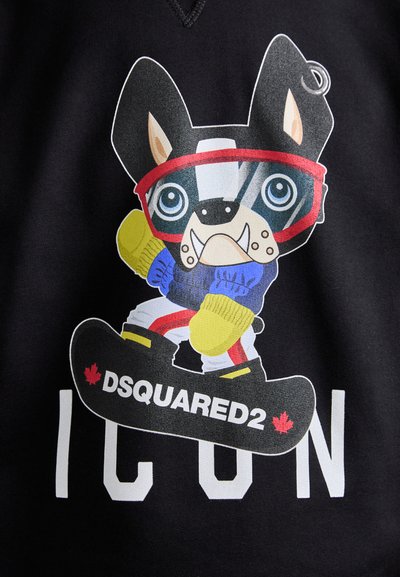 Black sweatshirt featuring a cartoon dog character in ski goggles and gloves, standing on a snowboard with "DSQUARED2 ICON" text below.