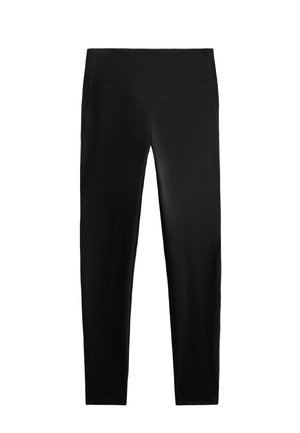 Black leggings made of stretchy fabric, featuring a high waistband, sleek design, and tailored fit without visible seams or accents.