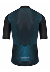 Cyklistický dres s krátkými rukávy s diamantovým vzorem v tmavě modrých tónech, černými rukávy, zadní kapsou a hladkým texturovaným povrchem.