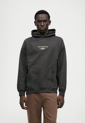 Donkergrijze hoodie met een kangoeroezak, met een veelkleurig "Ripcurl" logo op de borst. Zachte textuur, casual pasvorm.