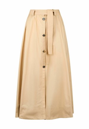 Gonna midi beige realizzata in tessuto liscio, con un alto punto vita, tasche laterali, chiusura con bottoni frontali e una cintura coordinata.