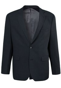 Blazer grigio scuro realizzato in tessuto tItturato, con chiusura a un bottone, due tasche frontali e una fodera interna liscia.