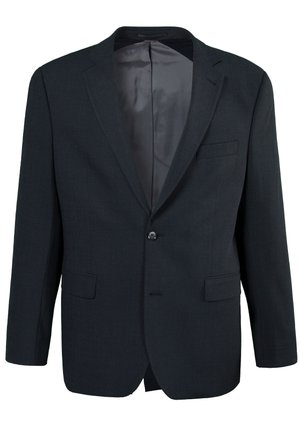 Dunkelgrauer Blazer aus strukturiertem Stoff mit einem Ein-Knopf-Verschluss, zwei frontalen Taschen und einem glatten Innenfutter.
