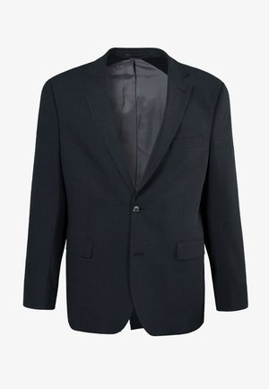 Dunkelgrauer Blazer aus strukturiertem Stoff mit einem Ein-Knopf-Verschluss, zwei frontalen Taschen und einem glatten Innenfutter.