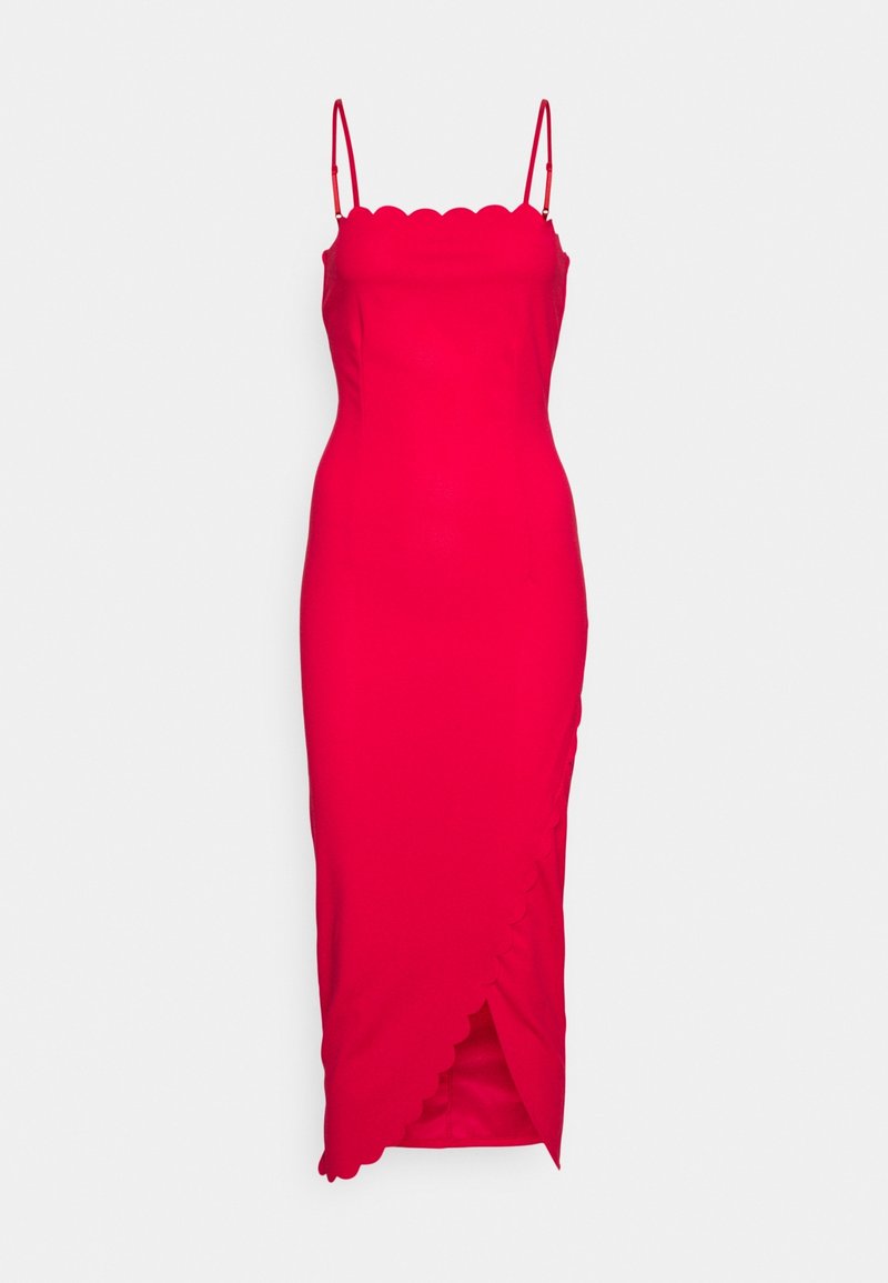 Rød midi-kjole med bølget halsudskæring og spaghetti-stropper, der har en sidelomme og glat stoftekstur.