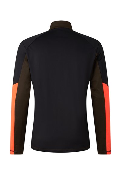 Long-sleeve jacket featuring a black body, brown shoulder panels, and vibrant orange accents along the sleeves and hem. Smooth texture.