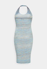 Vestido justo de halter em azul com riscas horizontais multicoloridas. Tecido liso e elástico com silhueta até ao joelho.