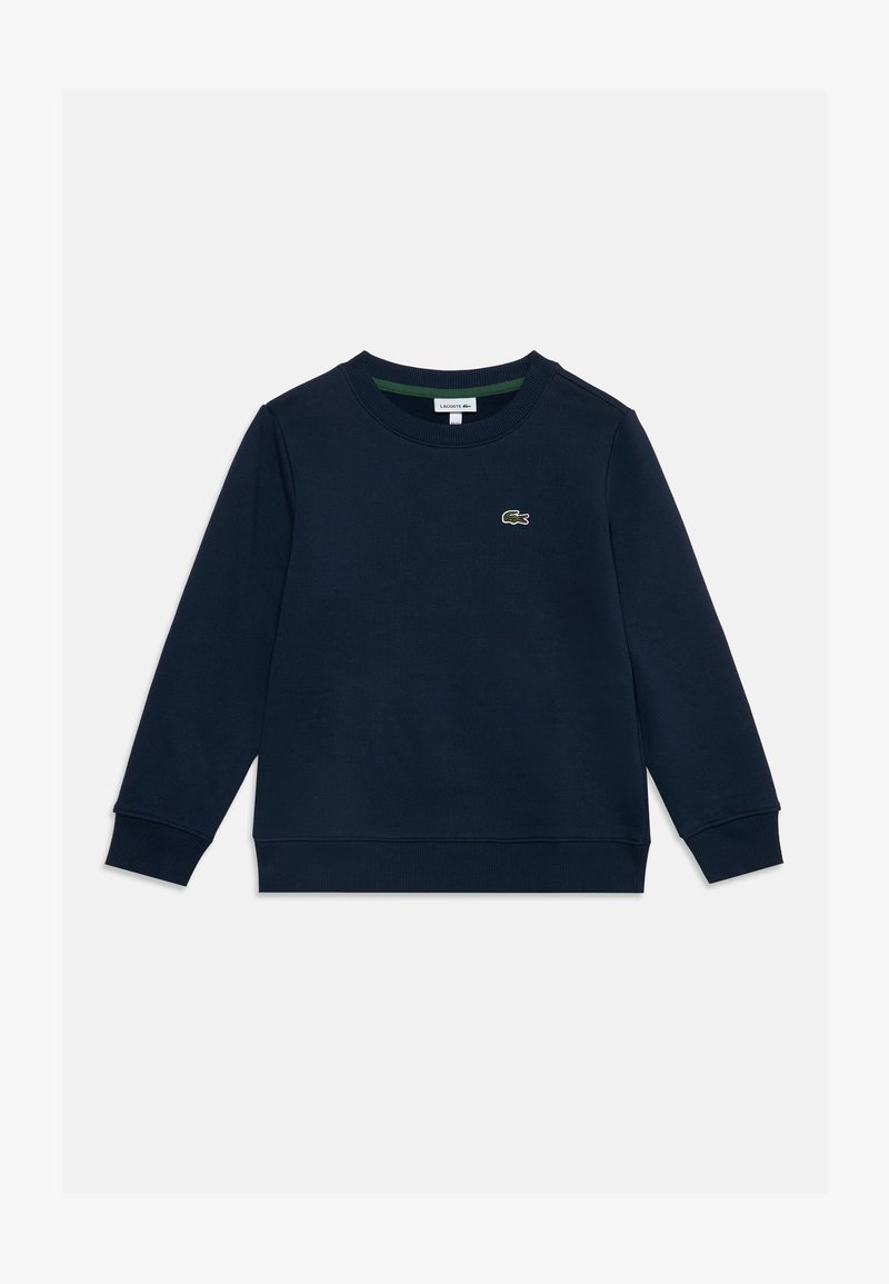 Sweat-shirt bleu marine à manches longues avec col rond, poignets et ourlet côtelés, avec un petit logo crocodile vert sur la poitrine gauche.