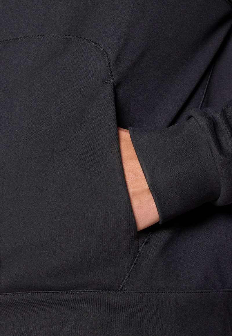 Black sweatshirt featuring a soft material, a front pocket, and a snug cuff around the wrist. Smooth texture with minimal stitching visible.