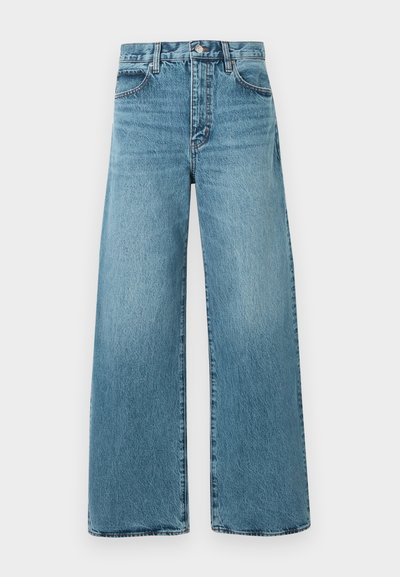 Τζιν παντελόνι με ψηλή μέση, ανοιχτό μπλε χρώμα, φαρδιά μπατζάκια, κλείσιμο με κουμπιά μπροστά και παραδοσιακό σχέδιο με πέντε τσέπες, πάνω σε απλό φόντο.