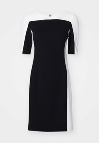 Schwarz-weißes Farbe-block Kleid mit einer taillierten Form, weitem Ausschnitt und kurzen Ärmeln, gefertigt aus glattem, dehnbarem Stoff.
