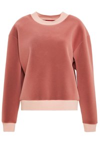 Sudadera rosa polvo con cuello redondo, puños y dobladillo acanalados. Textura de tela suave, ajuste relajado y acentos contrastantes en rosa claro.