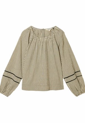 Bluza cu carouri în bej și negru, cu mâneci lungi bufante, decolteu adunat și detalii negre pe mâneci.