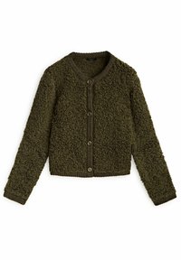 Oliemgroene cropped cardigan gemaakt van een pluizige, gestructureerde stof, met een ronde halslijn, knoopsluiting aan de voorkant en lange mouwen.