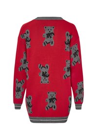 Maglione rosso con motivi di orsetto grigio, con dettagli neri a contrasto. Ha una vestibilità rilassata, maniche lunghe e polsini a coste.