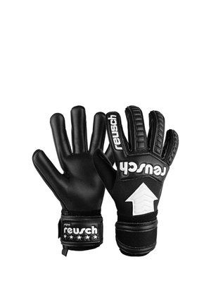 Schwarze Reusch-Torwarthandschuhe mit gepolsterten Fingern, Handgelenksriemen und weißer Markenkennzeichnung auf Handflächen und Rückseiten.