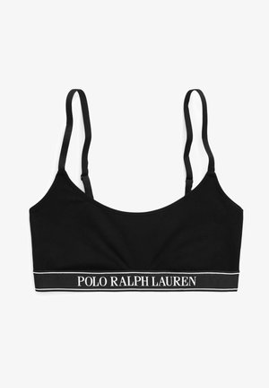 Czarny bawełniany bralet z cienkimi ramiączkami i szerokim pasem z napisem "POLO RALPH LAUREN" w białym kolorze. Gładka tekstura, minimalistyczny design.